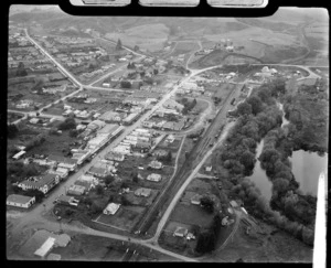 The small town of Otorohanga with railway yards and lake, and Maniapoto Street with CBD in foreground, South Hamilton District, Waikato Region