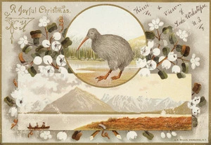 Willis, Archibald Duddington (Firm) :Kiwi and view of Lake Wakatipu. A Joyful Christmas. Wanganui ; A.D. Willis, [ca. 1886].