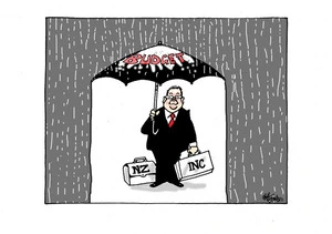 [Finance Minister Grant Robertson holding a budget umbrella in heavy rain]