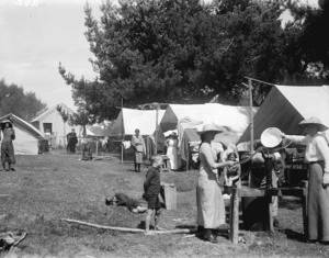 Hop pickers at their camp in Riwaka