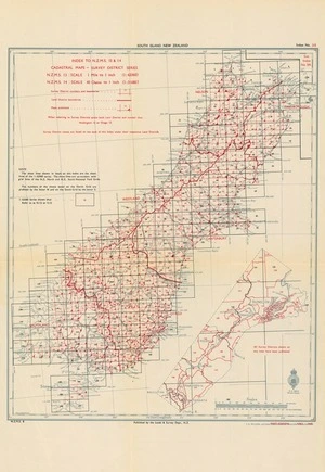 Index to N.Z.M.S. 13 & 14 cadastral maps-survey district series. South Island New Zealand / drawn by W.G. Harding.