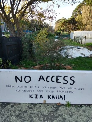 Digital photograph of COVID-19 signage at Kaicycle Urban Farm and Composting, Newtown