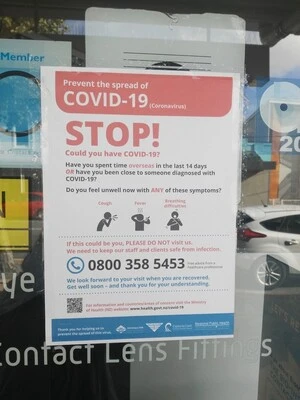 Digital photograph of COVID-19 signage at Clear Vision Optometrists, Newtown