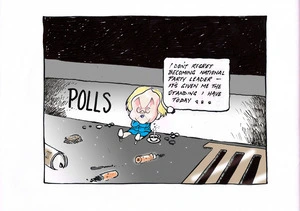 A small Judith Collins sitting in the "Polls" gutter amongst the rubbish as she talks of having no regrets about becoming National Party Leader