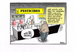 A "Pesticides" store salesman tells the elderly man at the counter that his infestation of "... these tiny annoying whiny little guys.." is "boy racers"