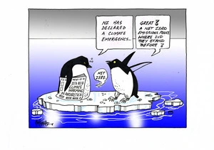 Two penguins on a melting iceberg, holding a newspaper "Climate warming in Antarctica", discuss New Zealand's declaration of a climate emergency and new "net zero emissions policy"