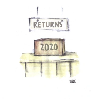 Box labelled "2020" sitting on a desk labelled "Returns"