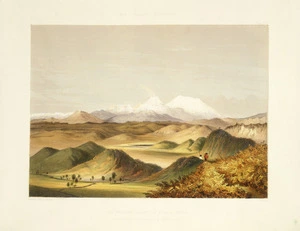 Angas, George French 1822-1886 :The volcanic region of pumice hills looking towards Tongariro and the Ruapehu. George French Angas [delt]; G. W. Giles [lith]. Plate 28. 1847.