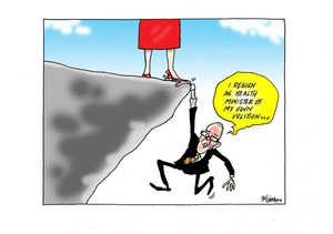 David Clark says "I resign as Health Minister of my own volition…" as he hangs over a cliff by one hand which is being stood on by a woman in a red skirt and red shoes