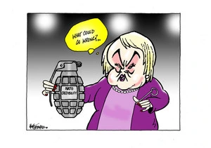 Judith Collins having removed the pin from a grenade labelled 'Nats credibility'