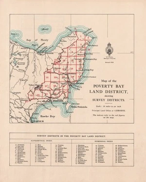 Map of the Poverty Bay Land District showing survey districts.