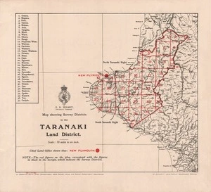 Map showing survey districts in the Taranaki Land District.
