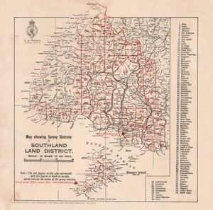 Map showing survey districts in Southland Land District.
