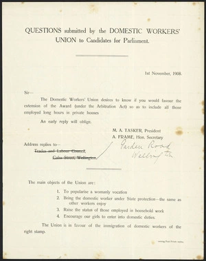 New Zealand Domestic Workers' Union :Questions submitted by the Domestic Workers' Union to Candidates for Parliament. 1st November 1908. Evening Post Print, 25604 [1908]