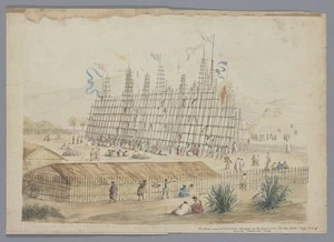 Clarke, Cuthbert Charles, 1819-1863 :The stage erected to contain the food at the feast given by the native chiefs, Bay of Islands, September 1849