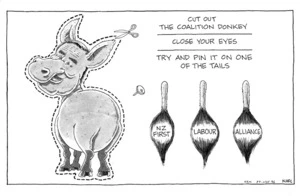 Klarc (Laurence Clark) :"Cut out the coalition donkey". New Zealand Herald 27 July 1996.