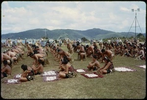 Māori kapa haka members performing during Queen Elizabeth II's visit to Waitangi