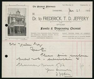 Memo of Frederick T. D. Jeffery, Optician and family and dispensing Chemist