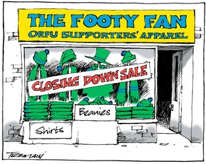 Tremain, Garrick 1941- :The Footy Fan - ORFU supporters' apparel - closing down sale. 10 July 2011