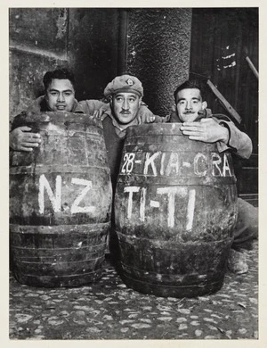 New Zealand World War Two soldiers of Maori Battalion, and barrels of mutton birds, Italy - Photograph taken by George Kaye