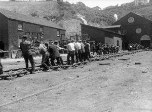 Men working on the patent slip at Evans Bay, Wellington