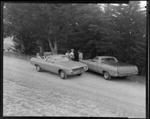 People talking next to two Ford Falcon utes