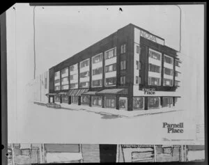 Architectural drawing of Parnell Place and the Nova Building by Peter Beaven and Associates