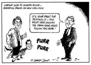 Crimp, Daryl, 1958- :Labour wish to govern alone... Anderton banks on new coalition. 'It's your fault for petting it... you might have known the damn thing would follow you home!' 'PURR PURR'. 21 May 2002.