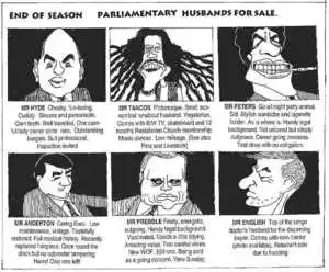 Brockie, Robert Ellison, 1932- :'End of season Parliamentary husbands for sale.' National Business Review, 7 December 2001.