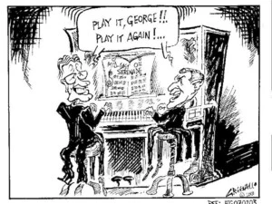 Greenall, Frank, 1948- :Play it George!!. Play it again!... Drawn for the Weekday News, [ca 7 February, 2003].