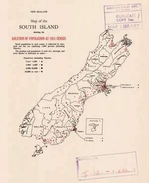 Map of the South Island showing the location of population at 1951 census.