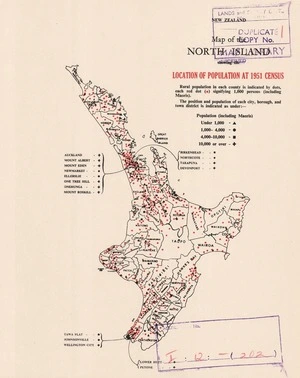 Map of the North Island showing the location of population at 1951 census.
