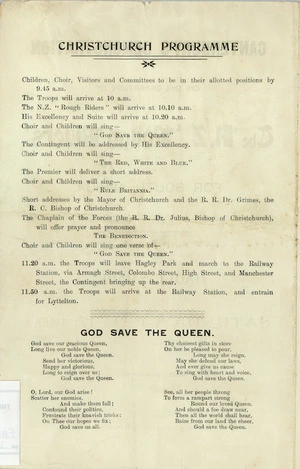 Christchurch programme [for] Canterbury's demonstration on the departure of the N.Z. "Rough Riders" for South Africa. Hagley Park, Saturday, Feb[ruary] 17, 1900. [Programme inside front cover]. 1900.
