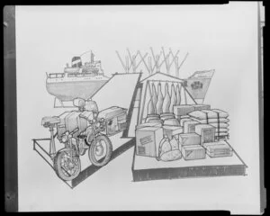 Illustration of farm goods and ship