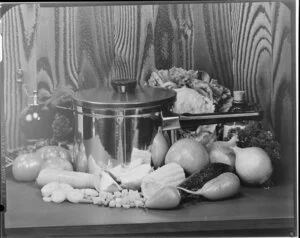 Saucepan and vegetables in studio