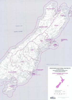 Proposed electoral districts as defined by the Representation Commission, Te Komihana Whakatau Rohe Pōti. General electorates, South Island, November 2001 / cartography by Terralink International.
