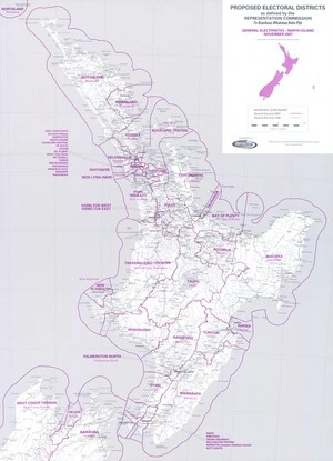 Proposed electoral districts as defined by the Representation Commission, Te Komihana Whakatau Rohe Pōti. General electorates, North Island, November 2001 / cartography by Terralink International..