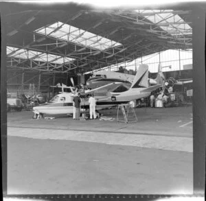 Servicing aircraft at Whenuapai, Auckland prior to return trip to Melbourne