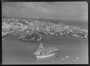 Auckland waterfront and wharves, with sailing ship Esmeralda on the harbour