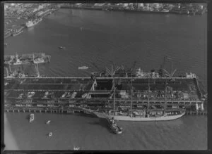 Auckland wharf, and sailing ship Esmeralda