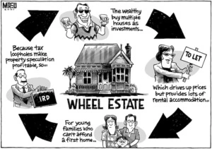 Wheel estate. The wealthy buy multiple houses as investments...which drives up prices but provides lots of rental accomodation...for young families who can't afford a first home...because tax loopholes make property speculation profitable, so... 19 December, 2007