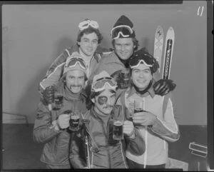 Skiers drinking Lion beer