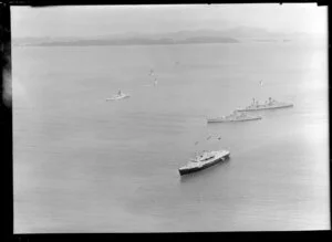 Royal Yacht Britannia with destroyer escort at Bay of Islands