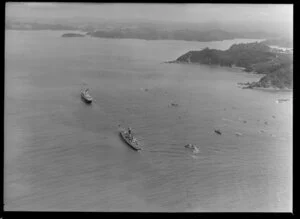 Royal Yacht Britannia with destroyer escort, Bay of Islands