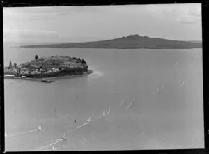 Waitemata Harbour, with a flotilla of yachts, as the 'Royal Regatta', with North Head and Rangitoto