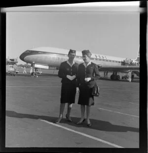 Two air hostesses at the welcome for the British Overseas Airways Corporation Comet 4 passenger jet