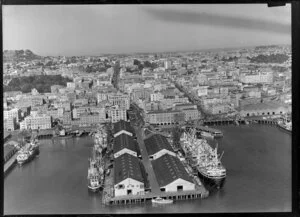 Wharves, ferry terminal and central city, Auckland