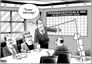 "Super Saturday." 'Pharmaceuticals Inc. NZ Anti-depressant sales'. 18 August, 2008