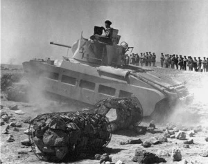 Tank undergoing tests over gabions in Egypt during World War II