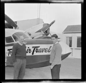 Two unidentified men with Tourist Air Travel aeroplane, Invercargill